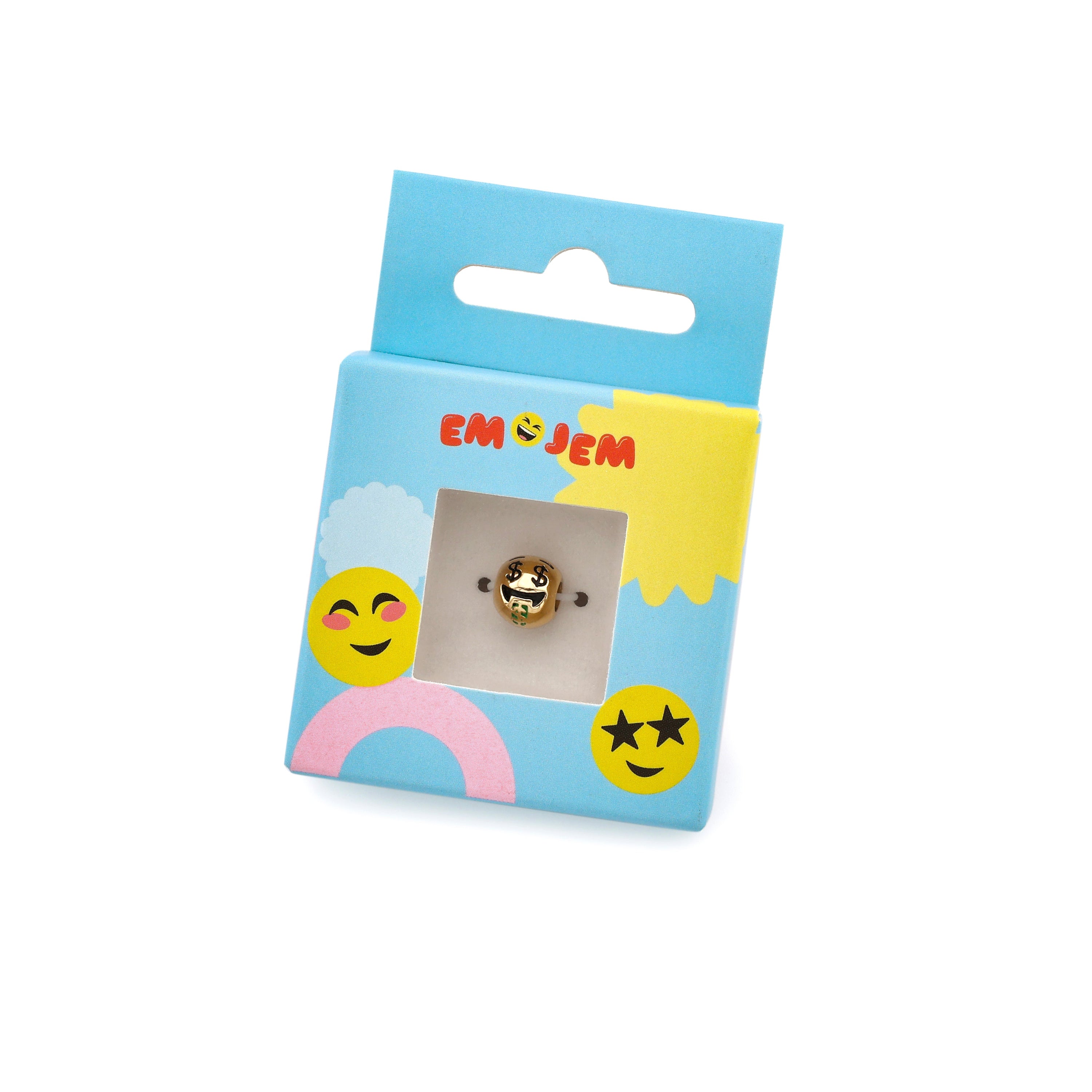 Emojem charm on a blue card with colorful design, money eyes and tongue out