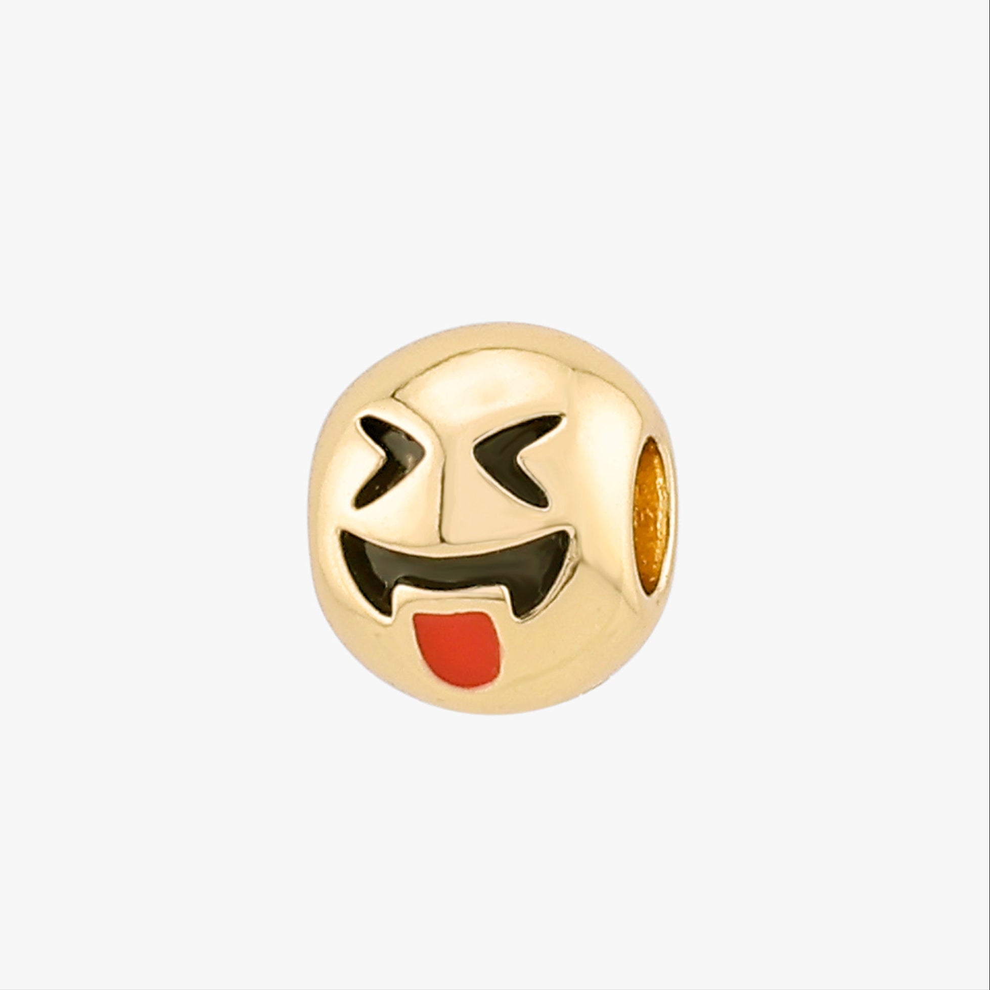 Gold Emojem charm with a smiling tondue out face on a white background